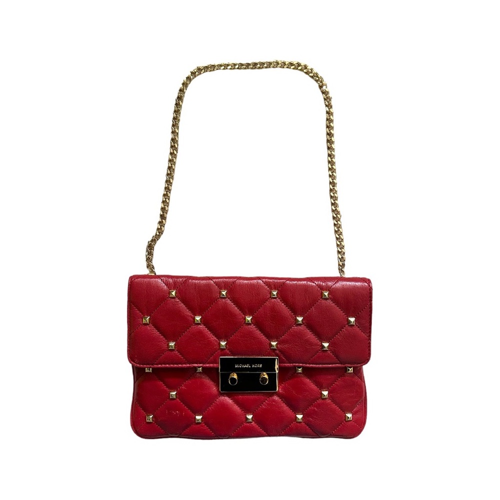 Michael Kors Sloan Red Quilted Leather Studded Shoulder Bag